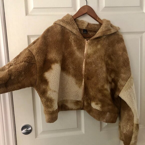 [Women's XL] Teddy Sherpa Cropped Jacket Tie Dye Fuzzy Hooded Zip Up Cozycore - Picture 2 of 6